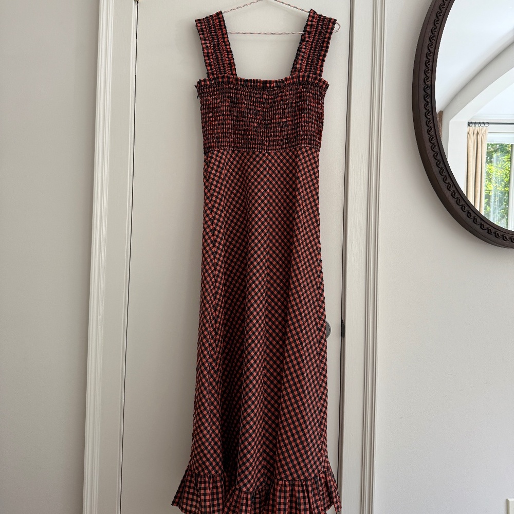 GANNI Seersucker Gingham Smocked Maxi Dress Rust Black 38 - Picture 8 of 9